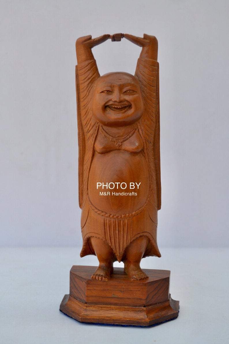 Vintage Sandalwood Carved Happy Man Laughing Buddha Statue - Malji Arts