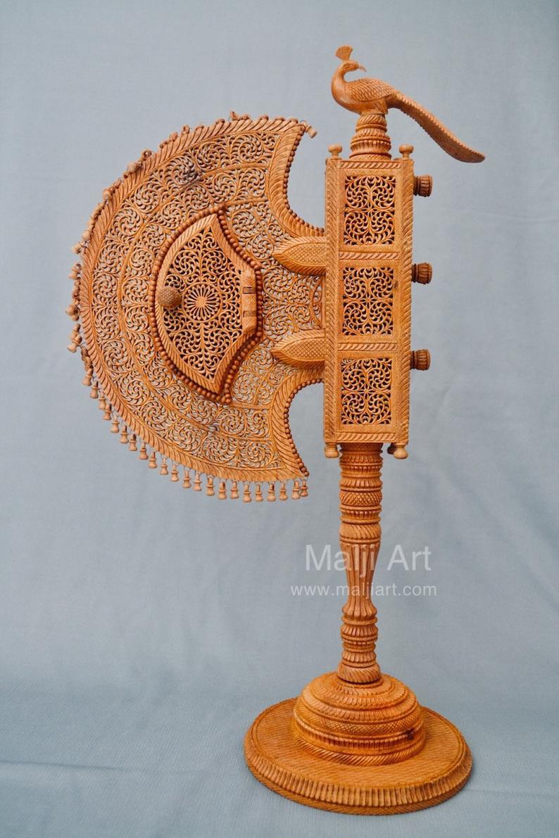 Sandalwood Unique Beautiful Krishna Collective Miniature Carved Hand Fan - Malji Arts