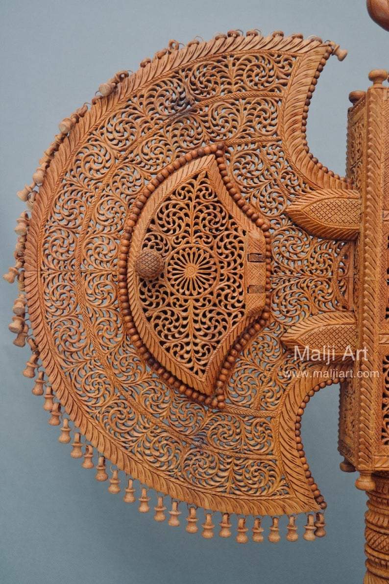 Sandalwood Unique Beautiful Krishna Collective Miniature Carved Hand Fan - Malji Arts