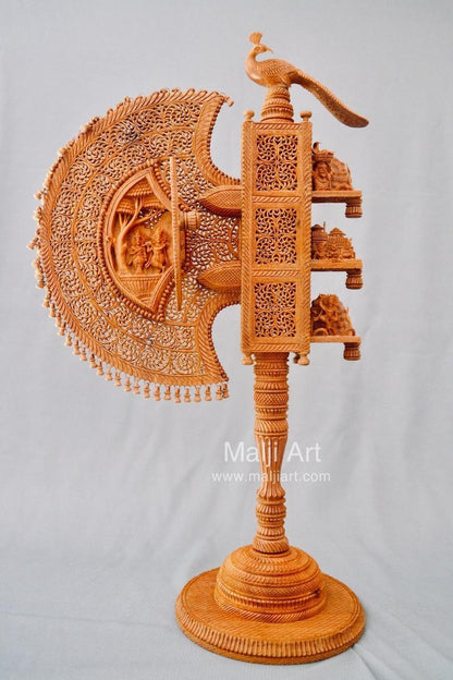 Sandalwood Unique Beautiful Krishna Collective Miniature Carved Hand Fan - Malji Arts