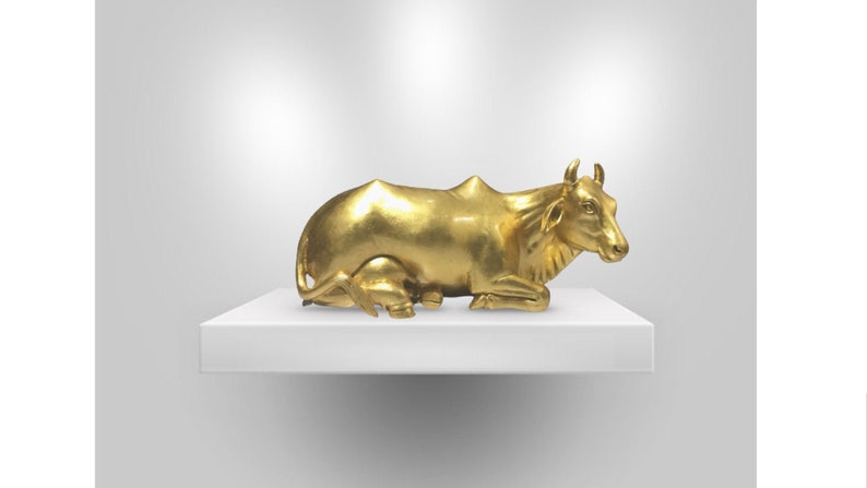 The Golden Cow, Wooden Pure Gold Plated Sitting Cow Statue - Malji Arts